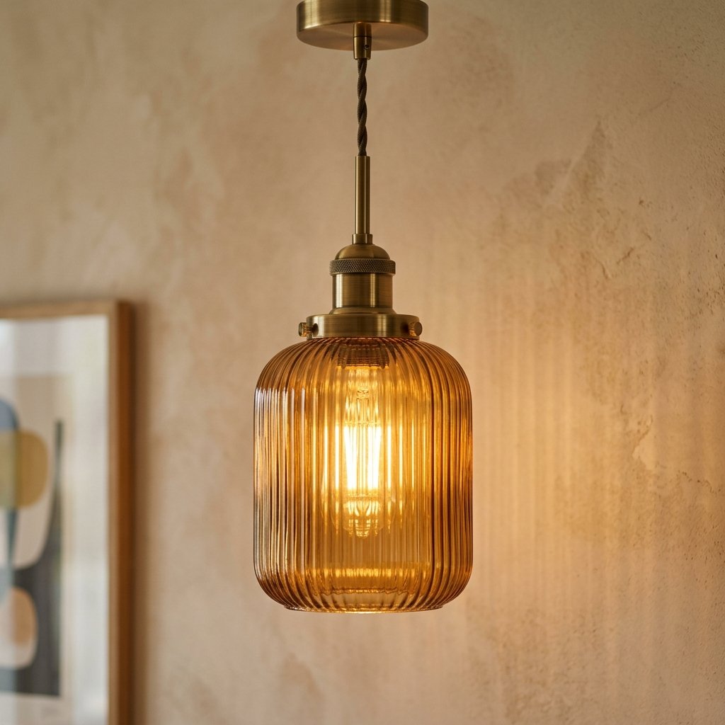 Handblown Fluted Amber Glass Pendant